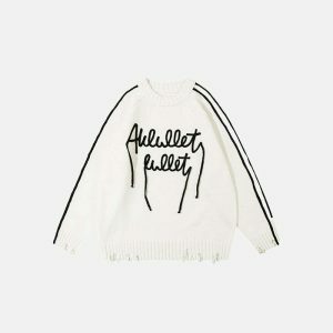 bold letter ripped sweater youthful urban appeal 7733