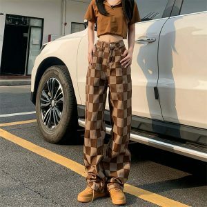 chic brown plaid high waist pants youthful & trendy fit 1867