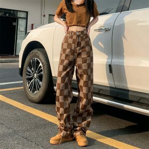 chic brown plaid high waist pants youthful & trendy fit 3596