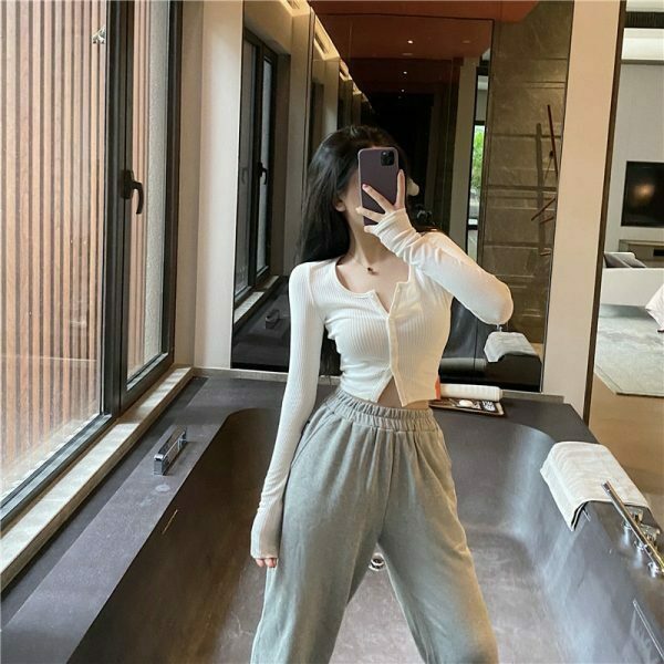 chic buttoned thin knit crop top   sleek long sleeve design 1008