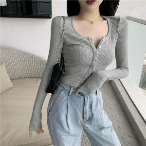 chic buttoned thin knit crop top   sleek long sleeve design 1337