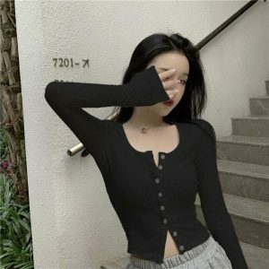 chic buttoned thin knit crop top   sleek long sleeve design 1507