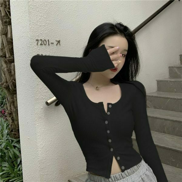 chic buttoned thin knit crop top   sleek long sleeve design 1507