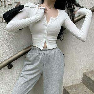 chic buttoned thin knit crop top   sleek long sleeve design 1867