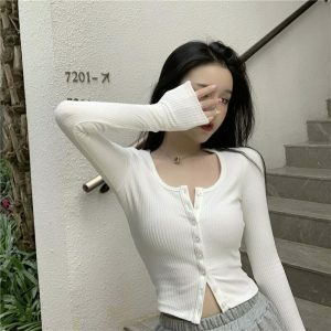 chic buttoned thin knit crop top   sleek long sleeve design 2376