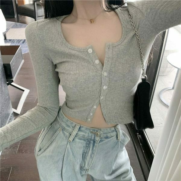 chic buttoned thin knit crop top   sleek long sleeve design 3216