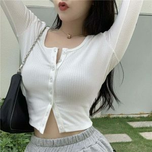 chic buttoned thin knit crop top   sleek long sleeve design 4196