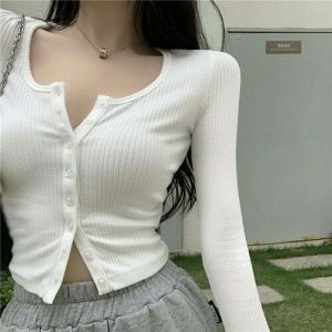 chic buttoned thin knit crop top   sleek long sleeve design 4248