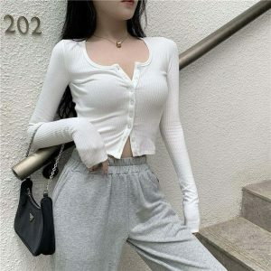 chic buttoned thin knit crop top   sleek long sleeve design 8569