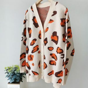 chic leopard print cardigan women's trendy outerwear 2587