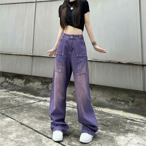 chic purple cargo pants loose fit & youthful style 1341