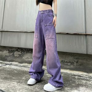 chic purple cargo pants loose fit & youthful style 7755
