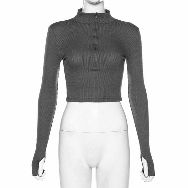 chic solid turtleneck crop top sleek long sleeves design 3682