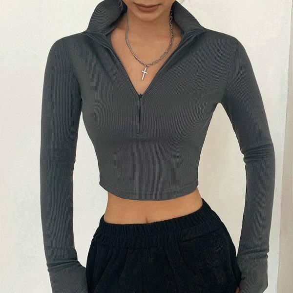 chic solid turtleneck crop top sleek long sleeves design 3852