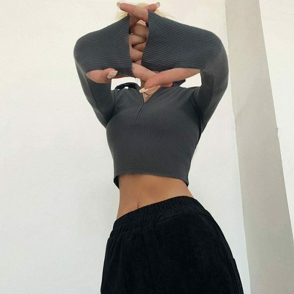 chic solid turtleneck crop top sleek long sleeves design 7311