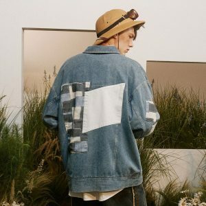 color block denim jacket with patches   youthful & edgy 3196