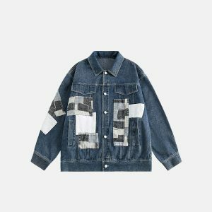 color block denim jacket with patches   youthful & edgy 7341