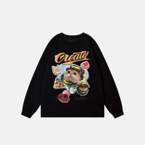 cute cat graphic sweatshirt   youthful & quirky style 4476