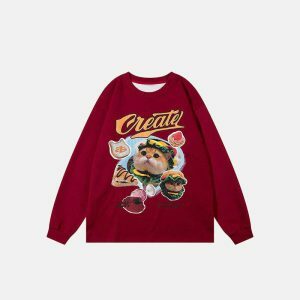 cute cat graphic sweatshirt   youthful & quirky style 6060