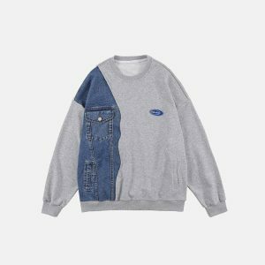 denim patchwork sweatshirt multipockets & urban flair 6843