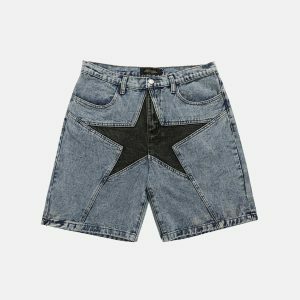 denim star patchwork shorts   youthful & edgy streetwear staple 7793