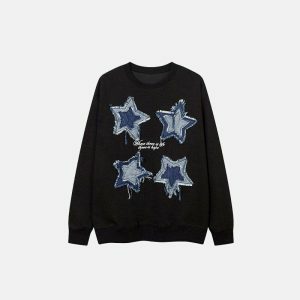 denim star sweatshirt with raw edges youthful urban appeal 4478