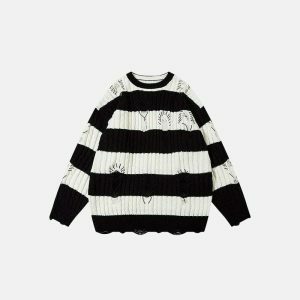 distressed striped knit sweater loose & edgy comfort 6383