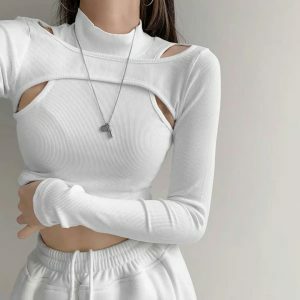 dynamic hollow knit top fake two piece illusion 1686