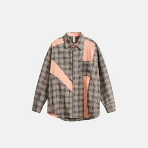 eclectic patchwork plaid shirt   youthful urban style 2954