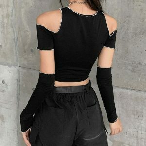 edgy black gothic crop top with patchwork design 2074