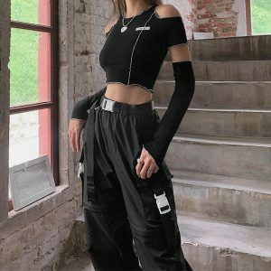 edgy black gothic crop top with patchwork design 6670