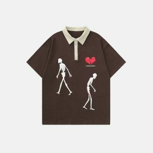 edgy broken heart skeleton polo tee youthful streetwear 1753