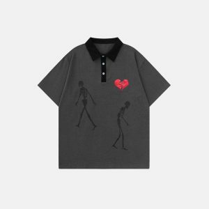 edgy broken heart skeleton polo tee youthful streetwear 6599