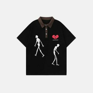 edgy broken heart skeleton polo tee youthful streetwear 8554