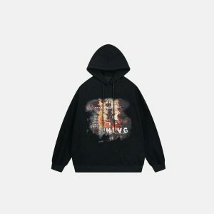 edgy burning building graphic hoodie urban streetwear icon 1463