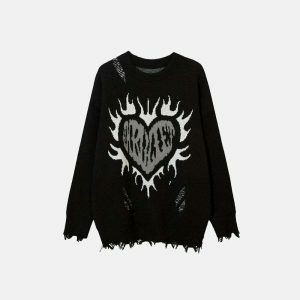 edgy burning heart ripped sweater youthful rebellion 2481