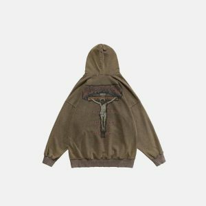 edgy crucifix washed hoodie youthful streetwear icon 1700