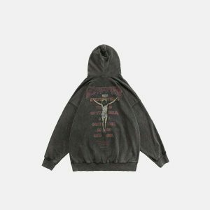 edgy crucifix washed hoodie youthful streetwear icon 6097