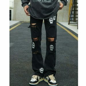 edgy frayed skull denim jeans iconic y2k streetwear 2678