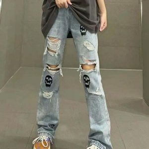 edgy frayed skull denim jeans iconic y2k streetwear 4423