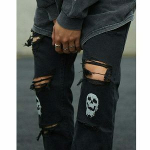 edgy frayed skull denim jeans iconic y2k streetwear 7316