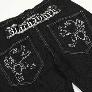 edgy ripped lion embroidery denim shorts youthful design 3713