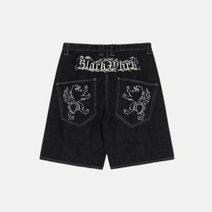 edgy ripped lion embroidery denim shorts youthful design 5133