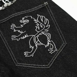 edgy ripped lion embroidery denim shorts youthful design 6389