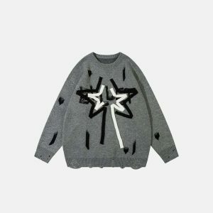 edgy ripped star sweater knit design youthful appeal 2714