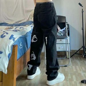 edgy skull hand sign jeans black baggy streetwear icon 7804