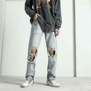 edgy slim jeans with knee holes retro streetwear staple 8168