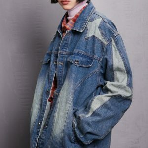 embroidered star patchwork denim jacket   retro washed look 3321