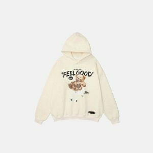 feel good bear print hoodie   youthful & cozy streetwear staple 8174