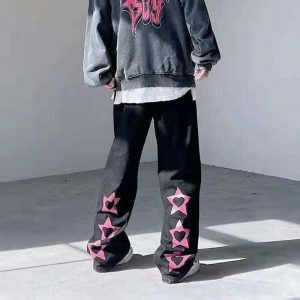 funky star denim pants youthful print & edgy style 5493